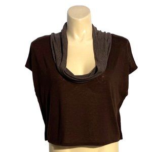 Nymphe L Top Dark Heather Brown Cowl Neck Poncho Style Crop‎ Short Sl Pullover